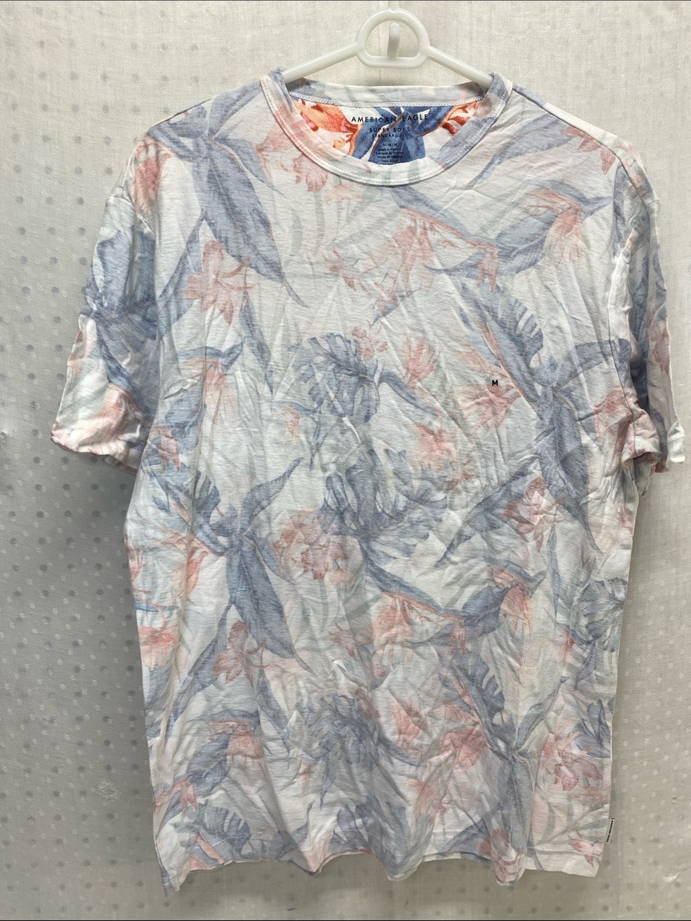 American Eagle Outfitters Super Soft White Tee Blue and Pink Tropical Print NWOT